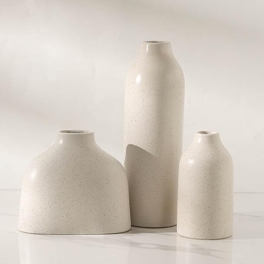 Ceramic Vase Set of 3, White Flower Vase Home Decor,Modern Farmhouse Decor,Pampas Grass Dried Fresh Flowers Living Room,Bookshelf Decoration, Centerpiece Table Decor,Boho Decor.(White)