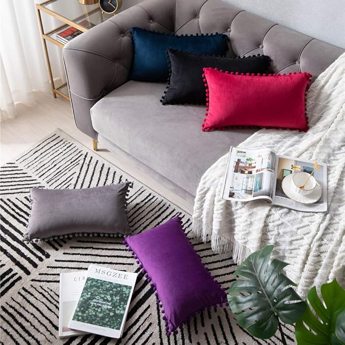 DEZENE 12x20 Throw Pillow Cases Purple: 2 Pack Cozy Soft Pom-poms Velvet Rectangular Decorative Pillow Covers for Farmhouse Home Decor