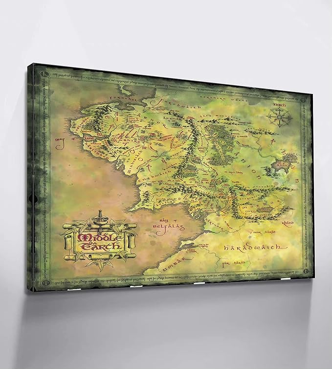 Middle Earth Map Wall Art Canvas Print - Fantasy Map of Middle Earth - 12''H x 18''W with Inner Wooden Frame - Lightweight & Easy to Hang - Perfect for Bedroom, Game Room Decor