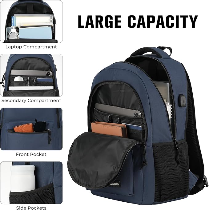 Backpack for Men and Women, School Backpack Teens Boys and Girls 15.6 Inch Laptop Bookbag with USB Charger for High School College Work Travel Business (Dark Blue)