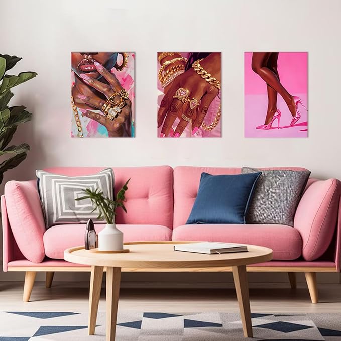 Black Girl Wall Art Set of 3 Pink Fashion Black Woman Canvas Wall Decor Pictures African American Women Paintings Home Decor Posters Prints for Living Room Bedroom Bathroom 12x16Inch Framed