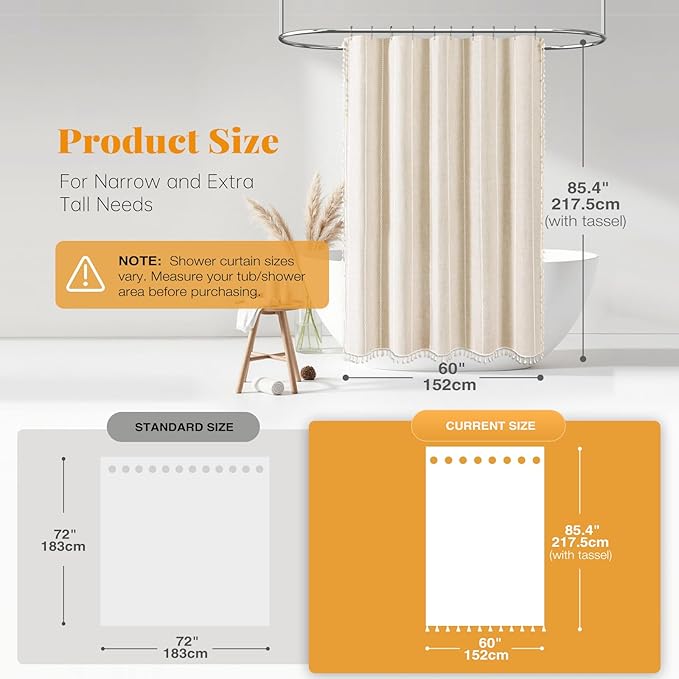 BTTN Stall Shower Curtain - 60x84 Long Boho Farmhouse Linen Fabric Tassel Shower Curtain Set with 10 Plastic Hooks, Narrow Bohemian Country Chic Decorative Shower Curtains for Bathroom - Cream/Beige
