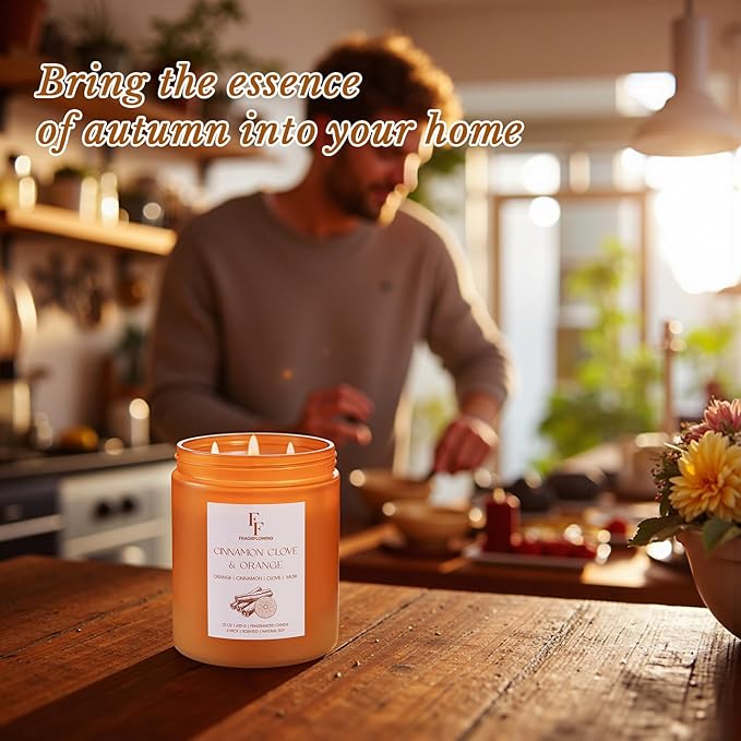 Large Fall Candle Cinnamon Clove Scented, 3-Wick 22oz Long Lasting Scented Candle, Natural Soy Wax Aromatherapy Candle for Home, Autumn Candle Gifts for Women Men