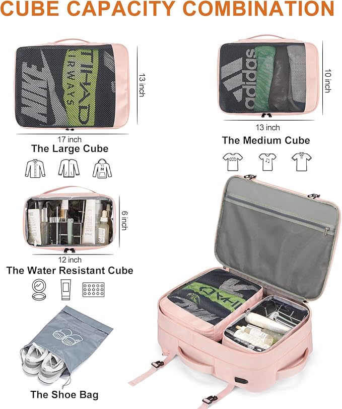 Carry on Travel Backpacks, Extra Large 40L Flight Approved Bag for Men & Women,Expandable Suitcase Backpack With 4 Packing Cubes,Water Resistant Luggage Daypack Business Weekender Bag,Pink