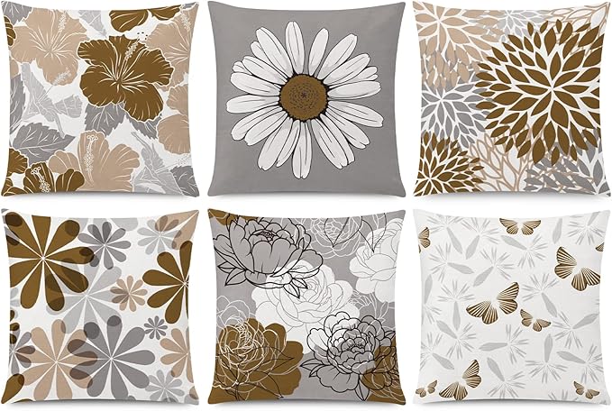 COMMINY Brown Grey Pillow Covers 20x20 Set of 6 Decorative Daisy Flower Throw Pillow Cover for Couch Modern Coffee Pillow Case for Patio Living Room Cushion Bed Farmhouse Home Decor