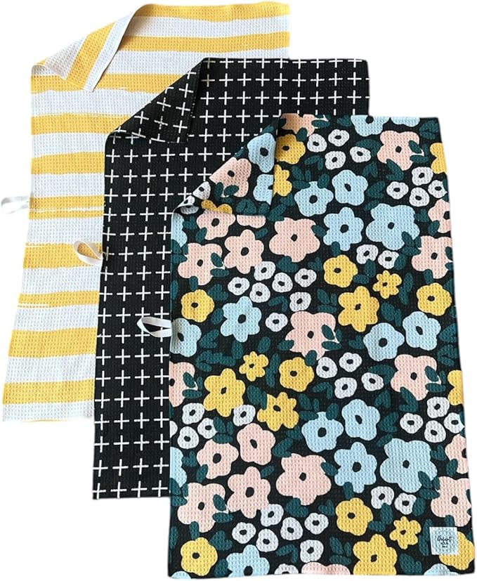 || 3 Pack|| Double Sided || Not Your Ordinary Dish Towels || Waffle Weave Microfiber || Highly Absorbent || Hanging Loop || Dish Cloths || Modern || Designer Prints|| Black and Yellow