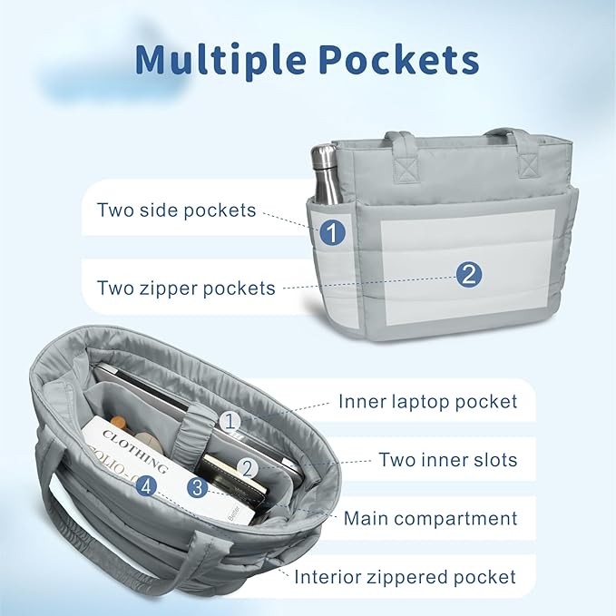 TOPDesign Puffer Tote Bag for Women, Lightweight Puffy Handbag with Compartments, Quilted Shoulder Bag for Work, Travel, Gym