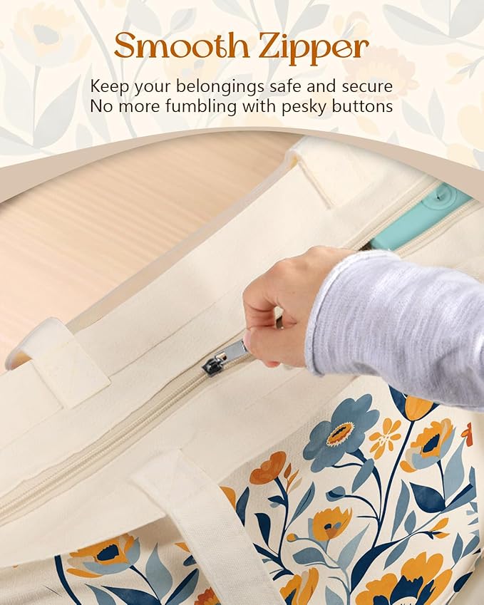 Canvas Tote Bag for Women – Aesthetic Canvas Bag with Zipper Cute Stylish Reusable Shoulder Totes for Shopping Work Daily Vacation, Blue Yellow Flower