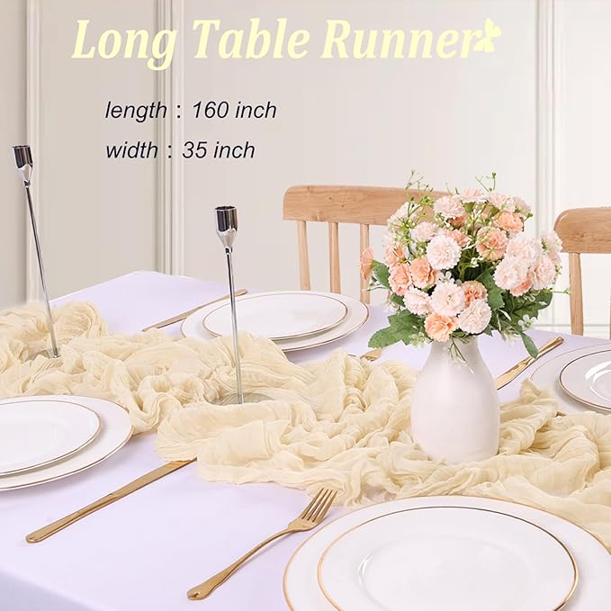 Beige Cheesecloth Table Runner 13.3FT Boho Gauze Table Runner Wedding Dining Table Decorations for Holiday Birthday Party Baby Shower Event Decorations Summer Garden Farmhouse