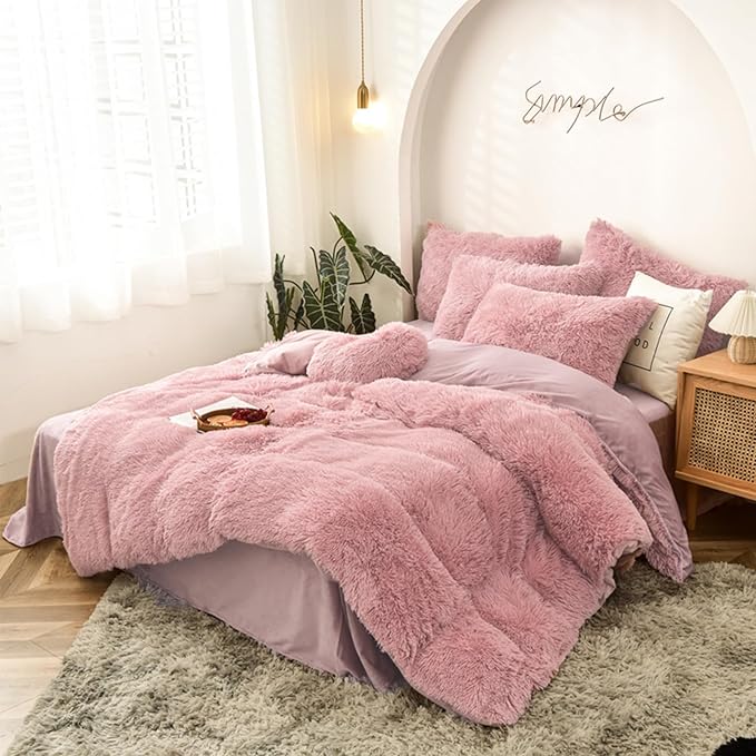 MorroMorn 5 PCS Shaggy Duvet Cover Bedding Set - Fluffy Comforter Cover Long Faux Fur Luxury Ultra Soft Cozy (Blush, Full/Queen)