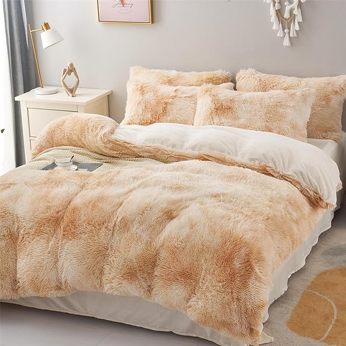 MorroMorn 5 PCS Shaggy Duvet Cover Bedding Set - Fluffy Comforter Cover Long Faux Fur Luxury Ultra Soft Cozy (Marble Beige, King/California King)