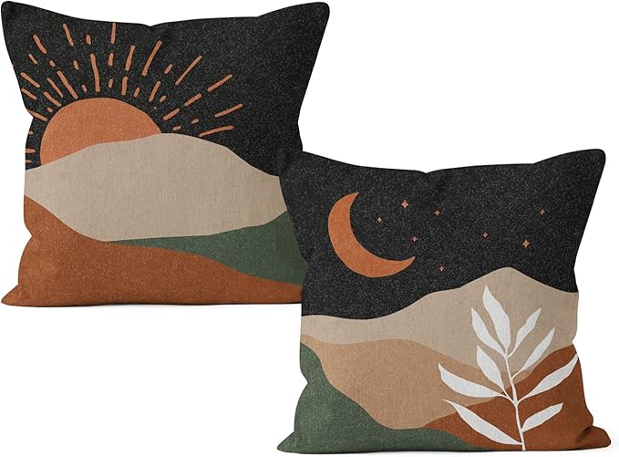 HIWX Boho Pillow Covers, Boho Sun Moon Mountains Decorative Pillowcase Throw Pillow Cover 18x18,Boho Throw Pillows,Boho Sun Desert for Sofa Bed Room Home Bedroom Decor Set of 2 Pillow Case