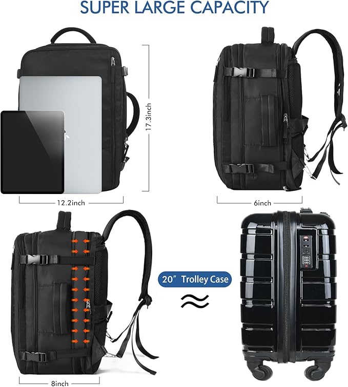 Beraliy Travel Backpack for Men Women, Large Carry On Backpack, Personal Item Bag Airline Approved, 17 inch Laptop Backpack, Business Work Gym Weekender Bag, Black