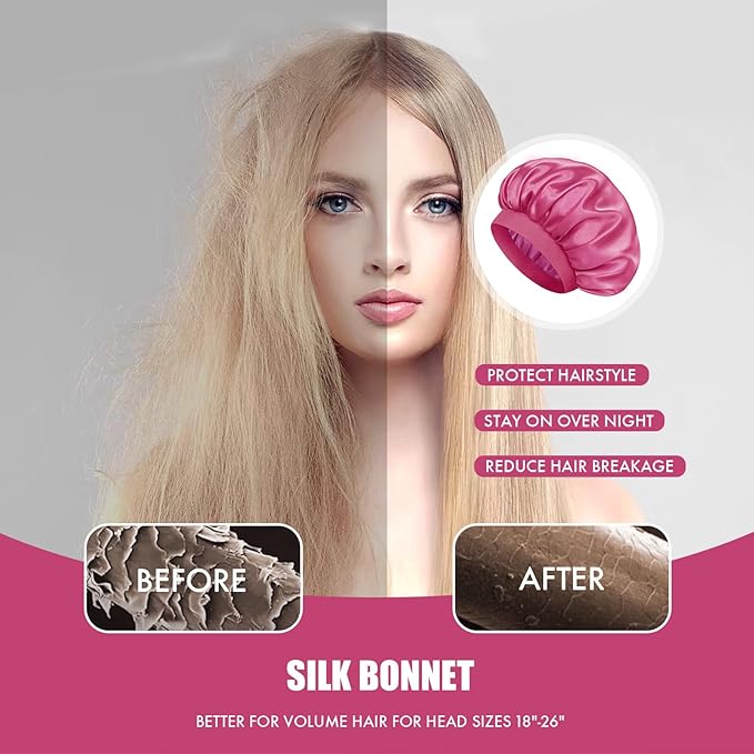 Satin Silk Bonnet for Sleeping, Double Layer Silk Sleep Cap for Men & Women, Soft Satin Lined Bonnet for Natural & Curly Hair(Hot Pink)