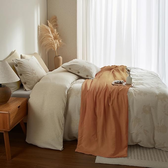 mixinni King Duvet Cover Set - 70% Cotton 30% Linen Blend, Bohemian Floral Jacquard 3-Piece Comforter Cover with 2 Pillowcases, Soft Breathable Lightweight Bedding Set (104"x90"), Almond Milk Grey