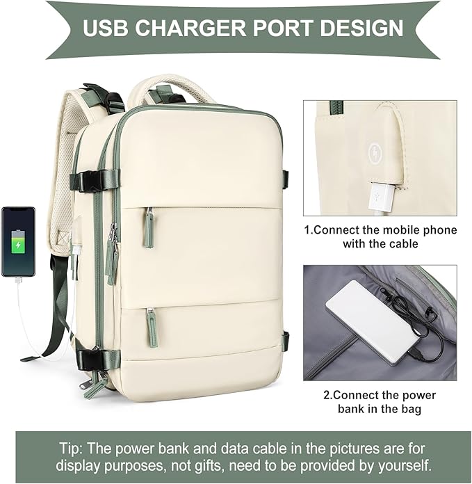 coowoz Large Travel Backpack for Women Men,Carry On Backpack Flight Approved,Hiking Backpack Outdoor Rucksack Casual Daypack Fit 15.6 Inch Laptop Shoes Compartment White Green L