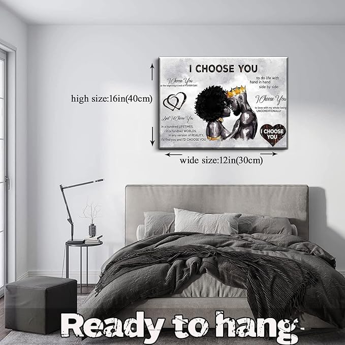 Framed African American Canvas Prints Black Couple I Choose You Poster Black King and Queen Wall Art Afro Black Romantic Couple Wall Art for Bedroom Living Room Decor(Black couple, 16in×12in)