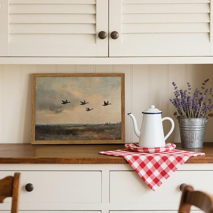 Vintage Flying Duck Wall Art, Rustic Landscape Wall Decor Retro Bird Painting Nature Wilderness 3D Textured Hand Drawn Sandstone Artwork Aesthetics for Bedroom Living Room 12x16 inch Wood Framed