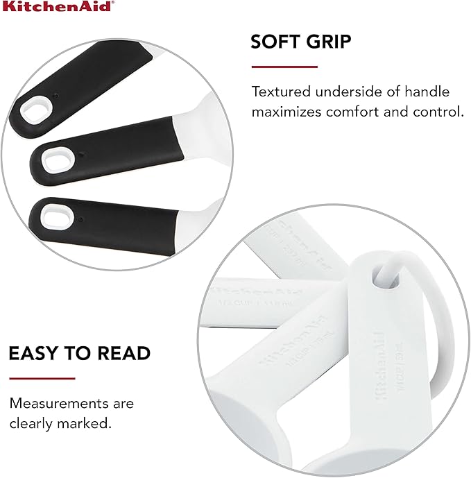 KitchenAid Universal Easy To Read Measuring Cup and Spoon Set with Soft Grip Handle for Maximum Control, Hang Hole and Nesting For Easy Storage, Dishwasher Safe, 9 Piece, White