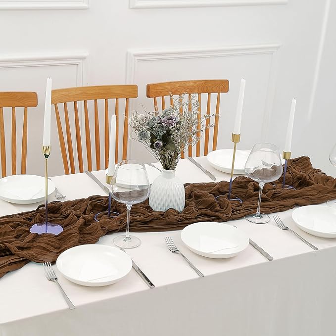 DOLOPL 3 Pieces Brown Cheese Cloth Table Runners 10ft Boho Cheesecloth Table Runner Gauze Boho Table Runner Rustic Sheer Table Runner 120inch Long for Baby Shower Winter Wedding Bridal Party Table