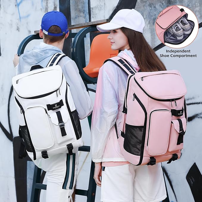 Carry on Travel Backpack for Men Women,30L Multi-Pocket 17.3inch Laptop Backpack, Sports Gym Tennis Badminton Backpack with Shoe Compartment-Pink