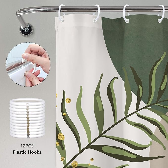 Green Boho Mid Century Shower Curtain 72Wx72H Abstract Gold Leaves Grey Modern Sun Arch Minimalist Geometric Aesthetic Plant Bathroom Decor Neutral Bath Curtain Polyester 12 Pack Hooks