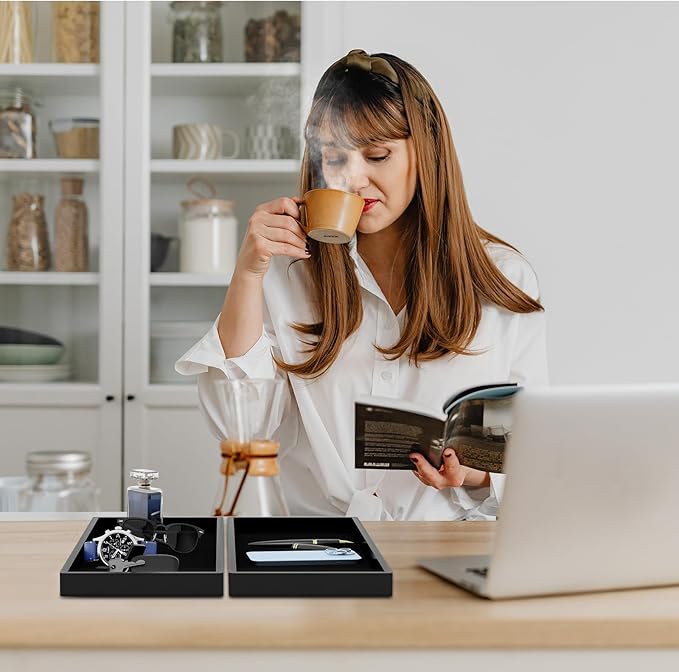 BBK Bathroom Vanity Tray 11.8 in- 2 Pack(Large) Silicone Bathroom Tray for Counter, Perfume Key Trinket Ring Tray, Decor Soap Dispenser Countertop Tray for Kitchen Sink Organization (Black)
