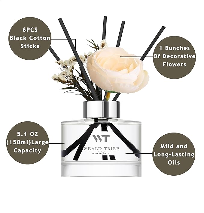 Flower Reed Diffuser Set Sandalwood Rose Scent for Bathroom Accessories Shelf Decor & Air Fresheners, Sticks Defusers with 5.1 fl oz Essential Oils & Leaves, House Bedroom Office Decor & Gifts