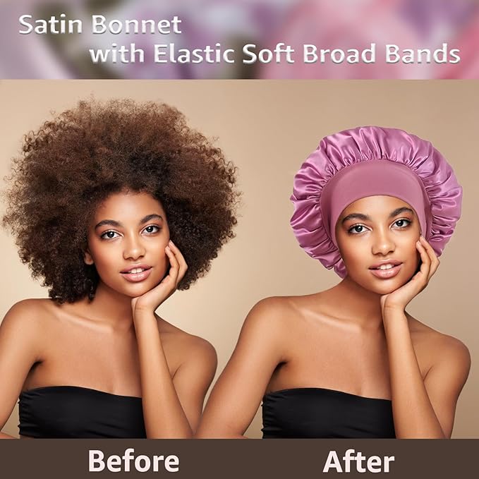3 Pack Satin Bonnet Silk Hair Bonnet for Sleeping, Sleep Bonnets for Women Large Wide Soft Band Sleep Cap for Curly Hair Braids