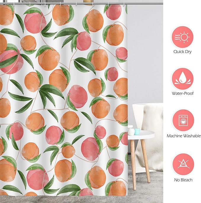 Aimego Peach Fruit Shower Curtain - Pink Orange Cute Peach Green Leaves Plant Modern Nature Fabric Cloth Bath Shower Curtain Set with 12 Hooks for Bathroom Decor Accessories, 72"x72"