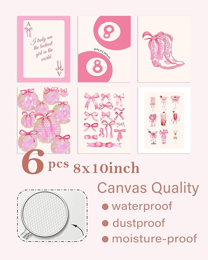 ASTRDECOR Pink Coquette Trendy Preppy Wall Art Prints Set of 6, Preppy Room Decor, Pink Bow Lucky 8 Ball Disco Wall Decor Posters, Coquette Room Decor Aesthetic for Girls Bedroom Dorm, 8x10 Unframed