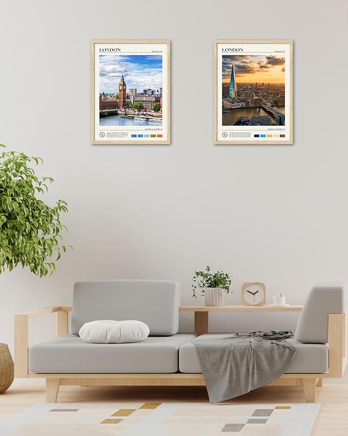 HesenDot Natural OAK Wood Framed London Wall Art,12x16in Cityscape Wall Print Posters,Classic Urban Landmark Wall Decor for Living Room,Bedroom,Office Set of 1