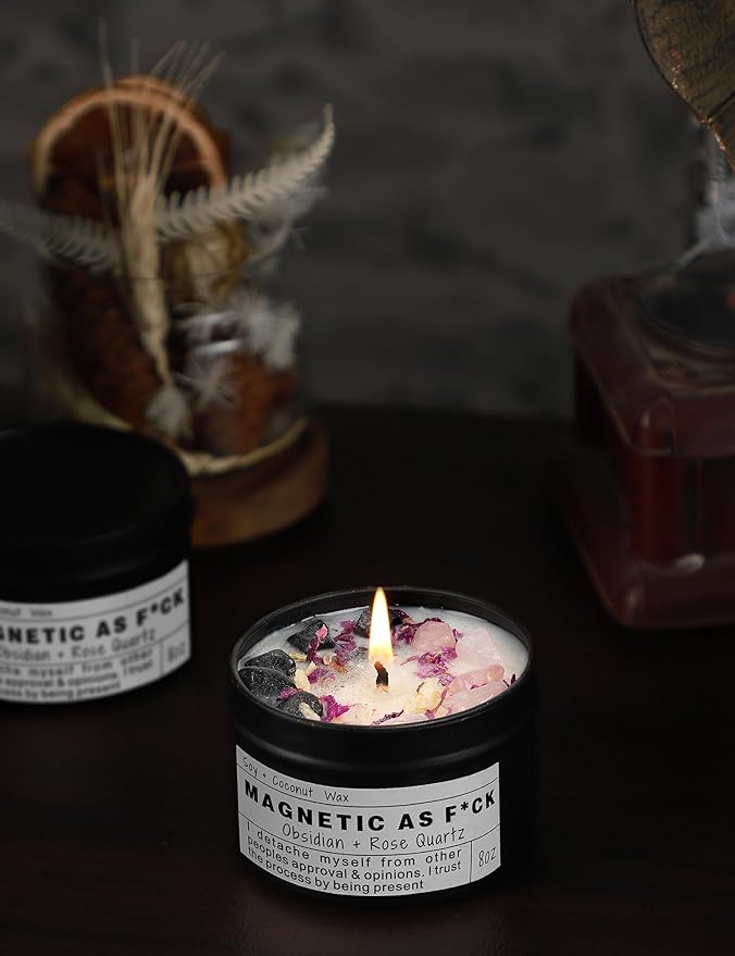MAGNETIC AS F*CK Detachment Grounding Quartz Obsidian Protection Magic Attraction Manifestation Crystal Self Love Ritual Meditation Hande Made Chakra Candle(8oz).