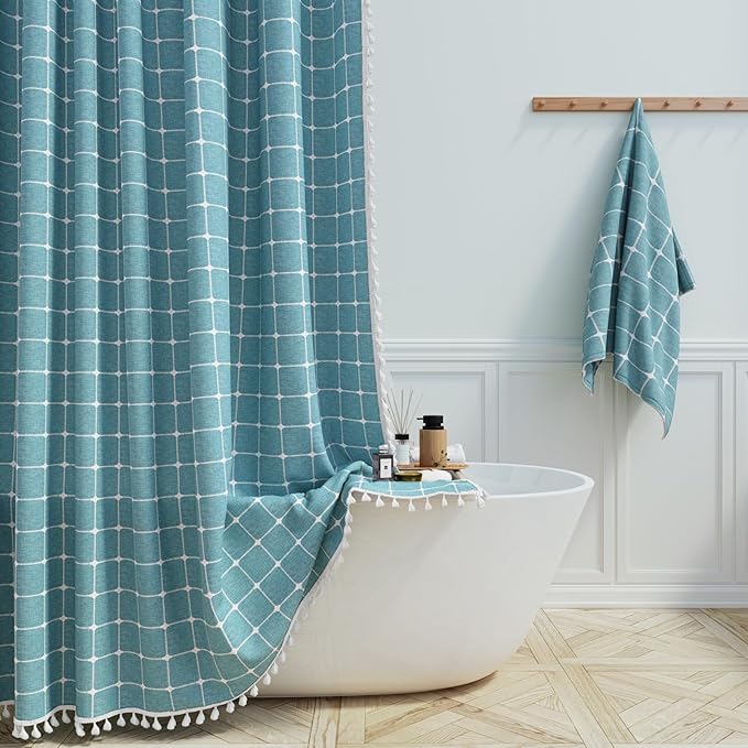 BTTN Extra Long Shower Curtain - 72x84 Inch Long Boho Chic Tassel Linen Fabric Shower Curtain Set with Hooks, Tall Modern Farmhouse Elegant Thick Cloth Shower Curtains for Bathroom - Teal/Turquoise
