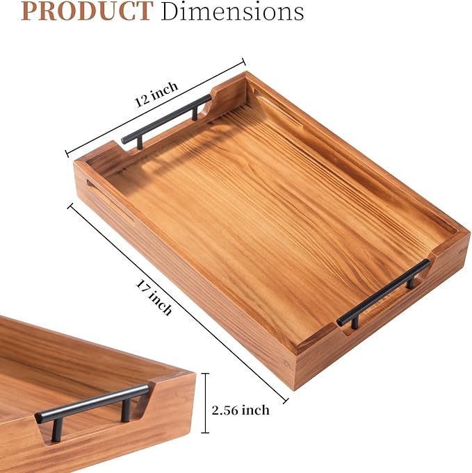 Serving Tray with Handles, 17"x12" Wooden Tray with Removable Wine Glass Holder Ottoman Tray Wood Serving Trays with Metal Handles for Breakfast, Dinner, Coffee Table, Food Drinks