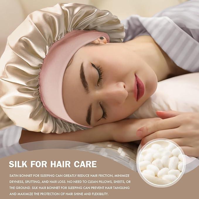 Satin Silk Bonnet for Sleeping, Double Layer Silk Sleep Cap for Men & Women, Soft Satin Lined Bonnet for Natural & Curly Hair(Champagne Pink)