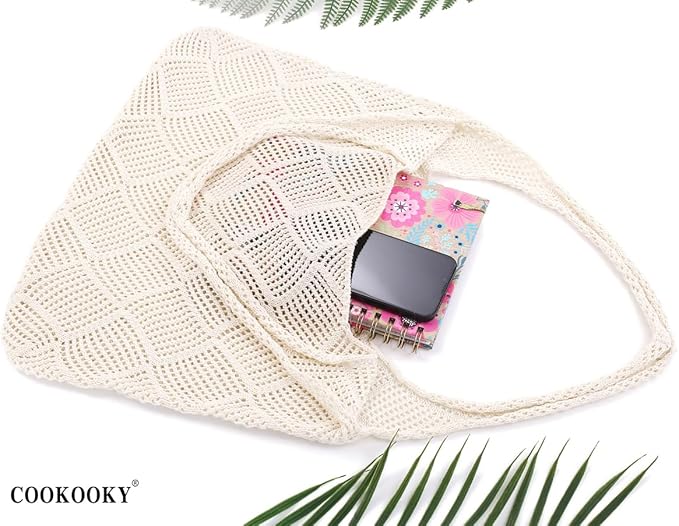 COOKOOKY Crochet Beach Tote bag Summer Beach Bag for Women Aesthetic Mesh Tote Bag Hippie Bag Knit Bag