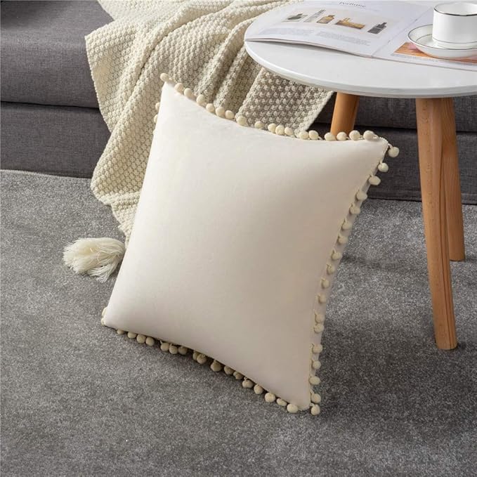 DEZENE Couch Pillow Covers 24x24 Cream: 2 Pack Cozy Soft Pom-poms Velvet Square Throw Pillow Cases for Farmhouse Home Decor