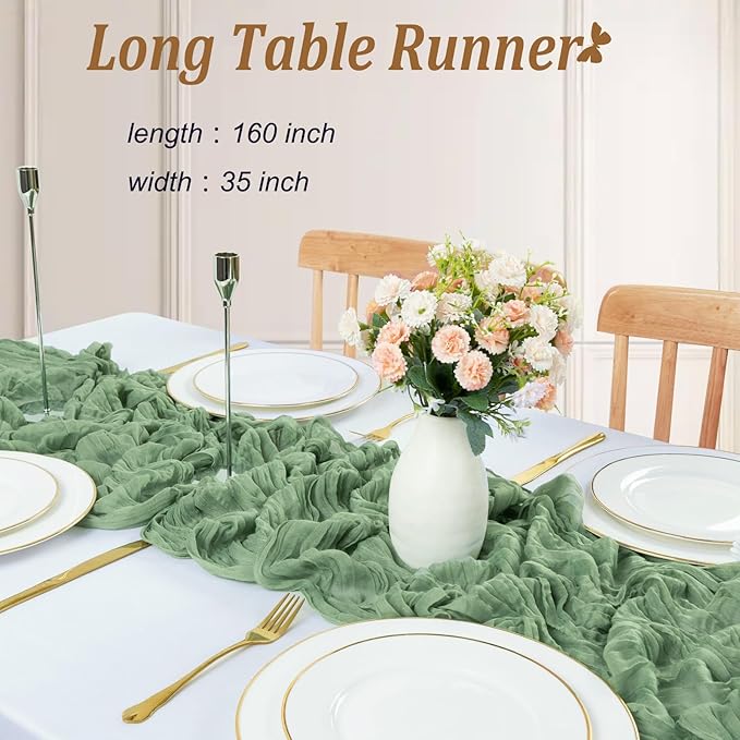 Sage Green Cheesecloth Table Runner 13.3FT Long Boho Table Runner Spring Easter Gauze Wedding Dining Table Decorations for Holiday Birthday Party Baby Shower Event Decorations