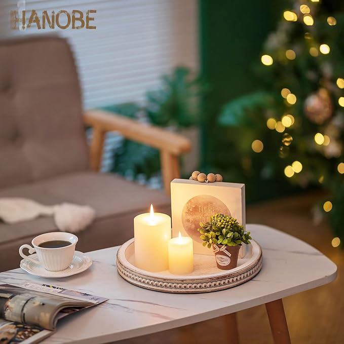 Hanobe Candle Tray Holder Decorative: Round Coffee Table Home Decor Centerpiece Boho White Serving Trays for Living Room Kitchen