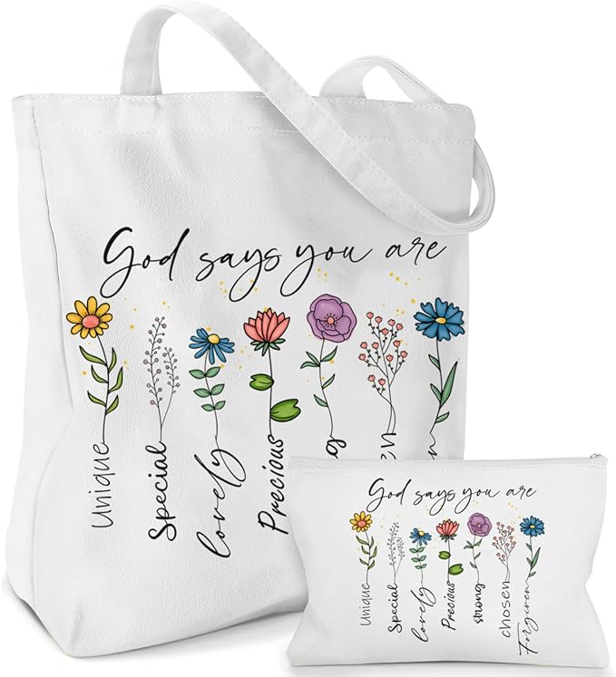 2 Pack Christian Bible Canvas Tote Bag for Women with Makeup Bag Gods Says You Are Bags Floral Tote Bag Aesthetic