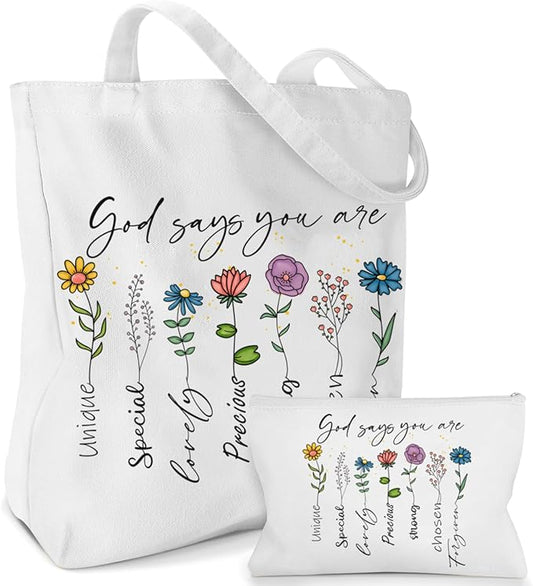 2 Pack Christian Bible Canvas Tote Bag for Women with Makeup Bag Gods Says You Are Bags Floral Tote Bag Aesthetic