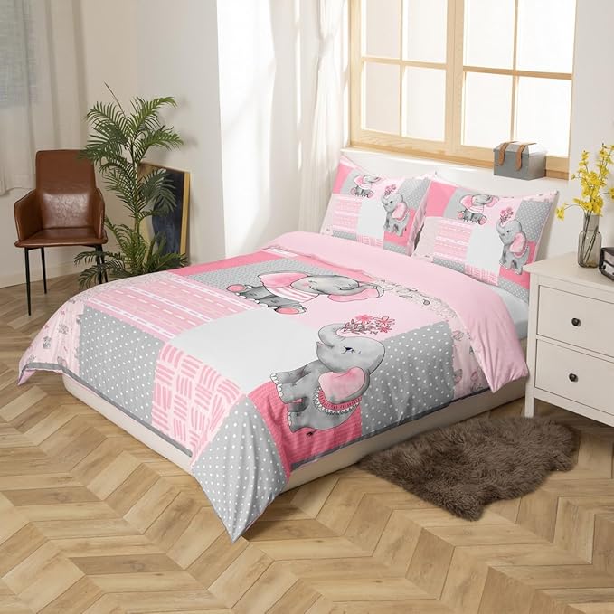 Girly Cute Elephant Duvet Cover Set Full Size,Pink Gray Plaid Geometric Comforter Cover with 2 Pillowcases,Cartoon Animals Stripes Dots Breathable Bedspread for Boys Teens,Pillow Sham