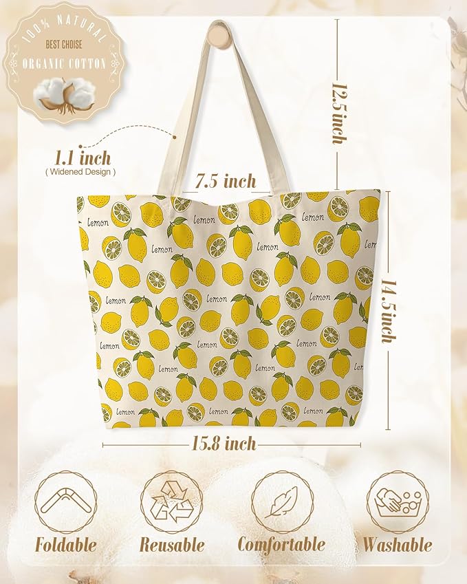 Large Tote Bag for Women - Canvas Tote Bag with Zipper Aesthetic Reusable Shoulder Bag for Gym, Travel, Work