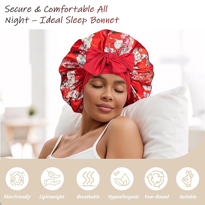 Silk Bonnet for Sleeping Women Satin Hair Cap with Tie Brand Curly Hair Sleep Protection Silk Head Wrap Double Layer - Red