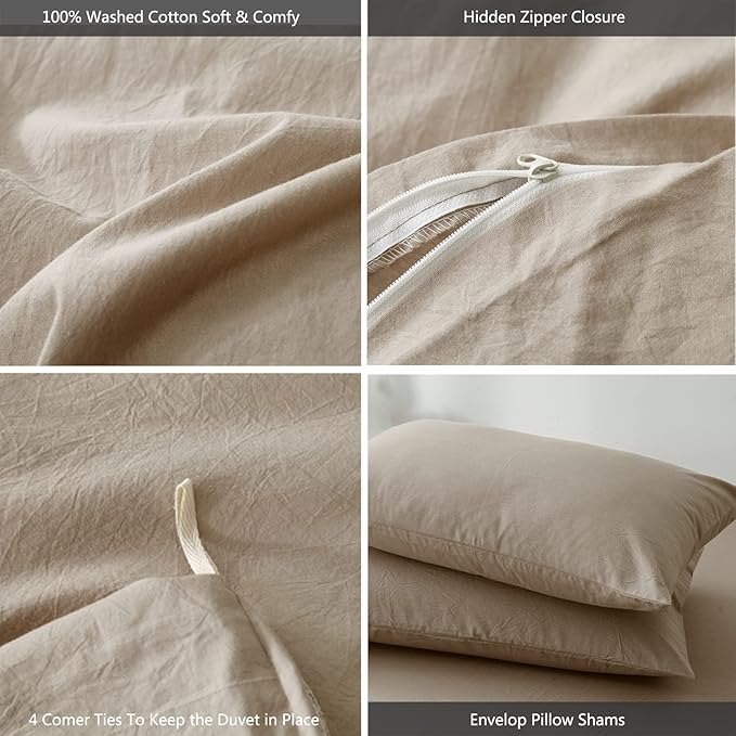 MooMee Bedding Duvet Cover Set 100% Washed Cotton Linen Like Textured Breathable Durable Soft Comfy (Heathered Taupe, Full 80"x90")
