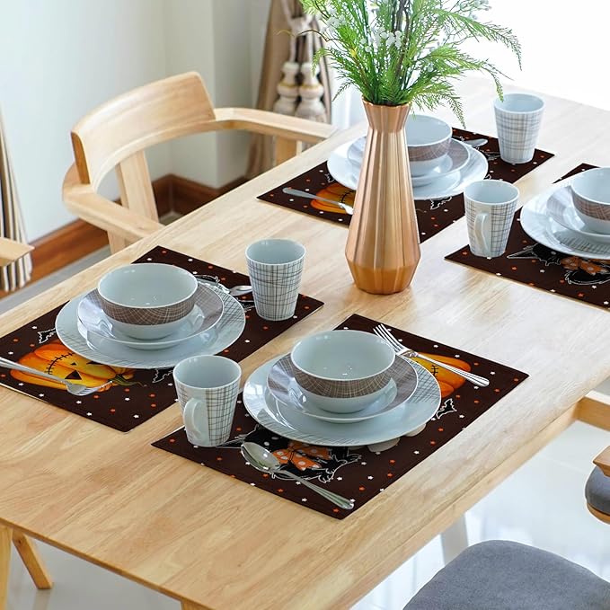 Giwawa Halloween Placemats Set of 4 Spooky Pumpkin Ghost Black Cat Bats Place Mat 12x18inch for Kitchen Tabletop Indoor Outdoor Non Slip Heat Resistant Table Mats for Dining Holiday Decor