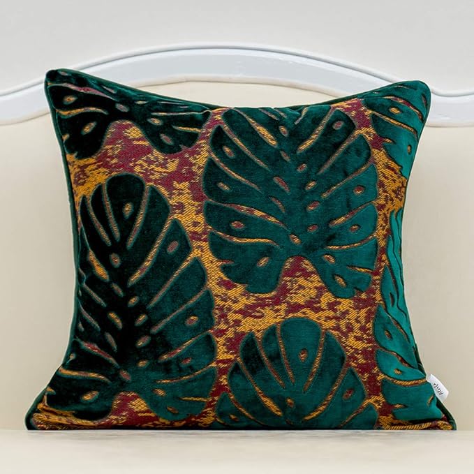 Alerfa 18 x 18 Inch Square Leaf Pillow Embroidery Cut Velvet Cushion Case Luxury Modern Lumbar Throw Pillow Cover Decorative Pillow for Couch Sofa Living Room Bedroom Car, Teal Green