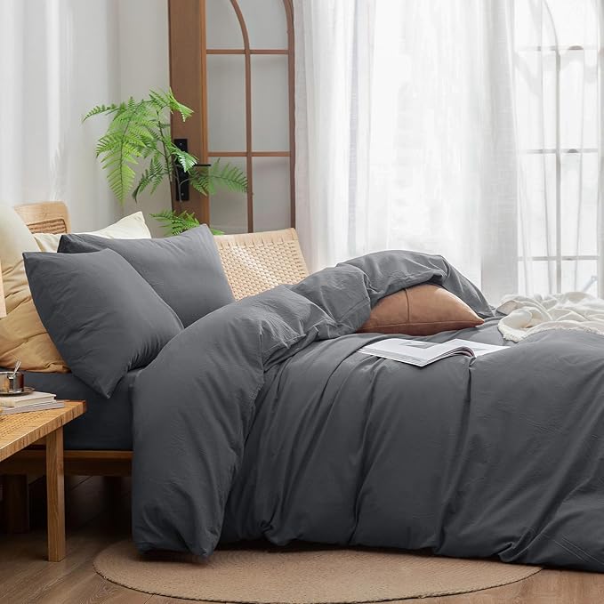 BESTOUCH Duvet Cover Set 100% Washed Cotton Linen Feel Super Soft Comfortable Chic Lightweight 3 PCs Home Bedding Set Solid Quiet Shade Grey Full/Double