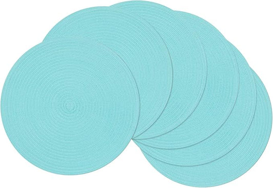 SHACOS Round Placemats Set of 6 Washable 15 inch Round Table Mats Cotton Polyester Woven Braided Place Mats for Dining Table (Aqua, 6)